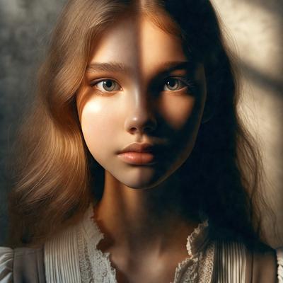The primary subject of the image is a young woman with long, blonde hair. She is wearing a white shirt and appears to be looking at the camera. The setting is a room with a window, and the visual style is a black and white photo. The mood of the image is somewhat dramatic, with the woman's face and hair being the main focus.
